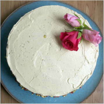 Patti pistachio and rose bespoke cake aerial view